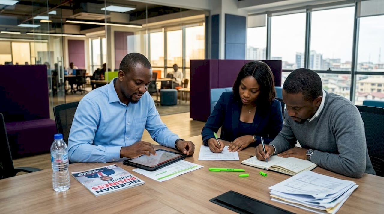 Team reviewing diversification strategy documents