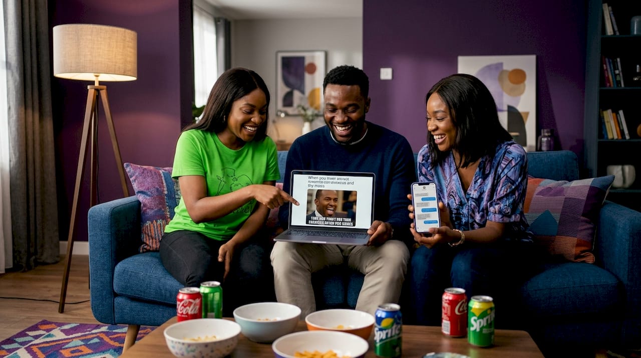 Friends sharing memes around cluttered table