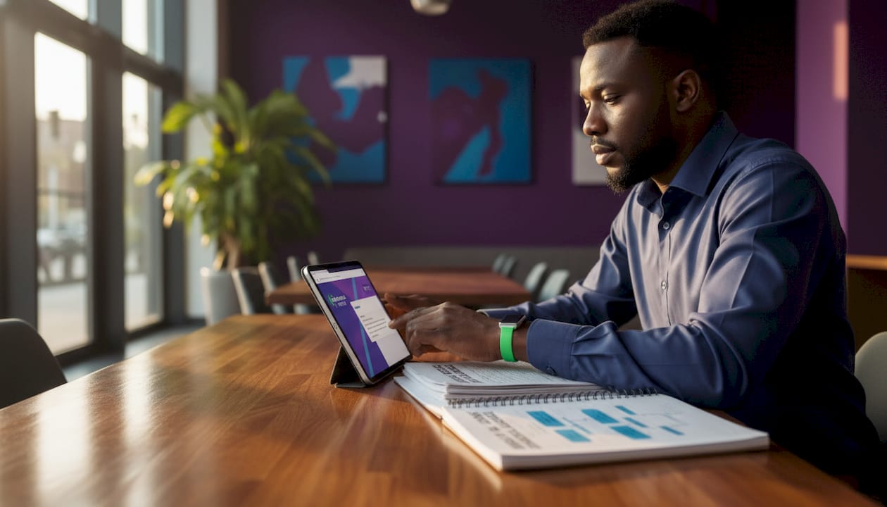 Man manages digital presence on tablet in living room