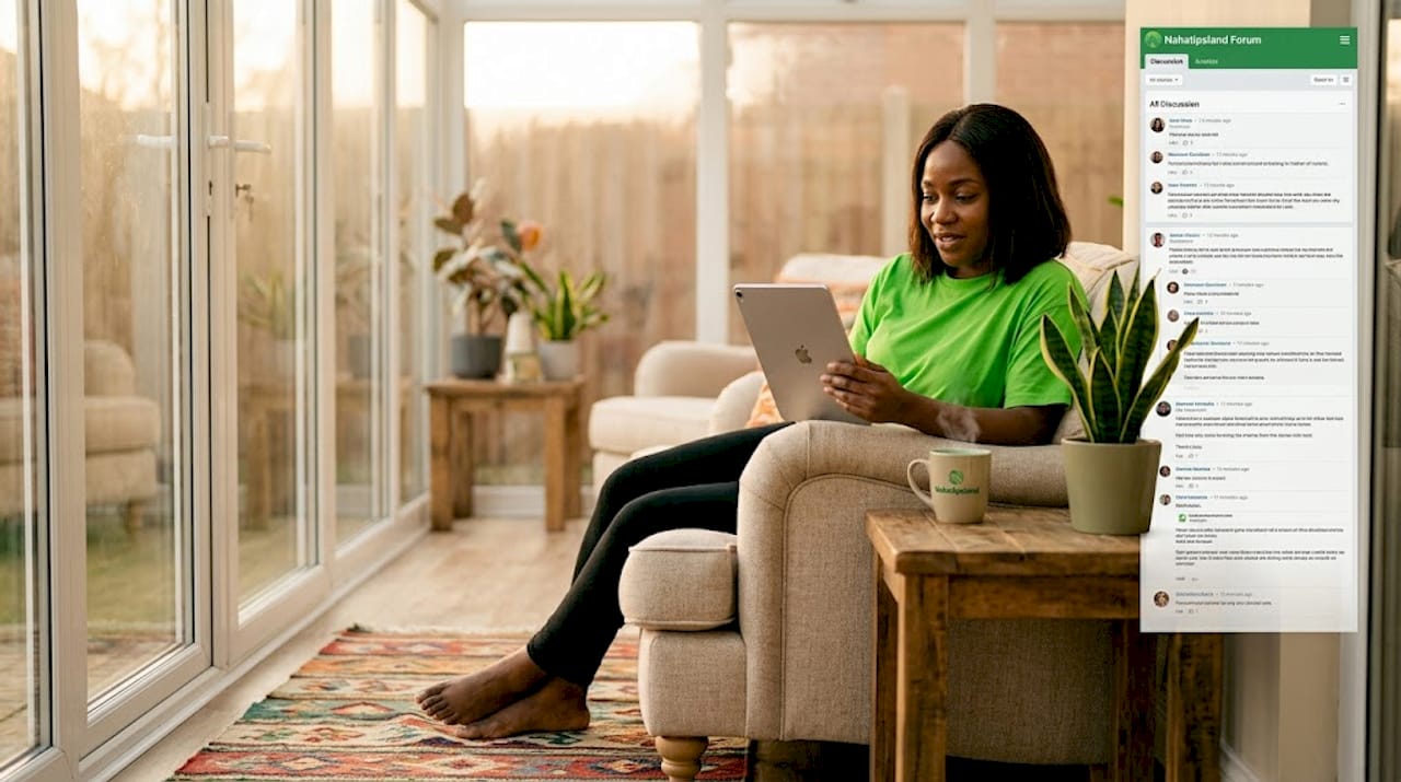 Woman reading Nigerian forum posts at home