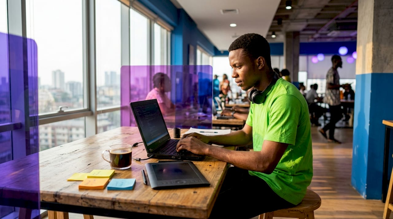 Young Nigerian man coding at shared workspace