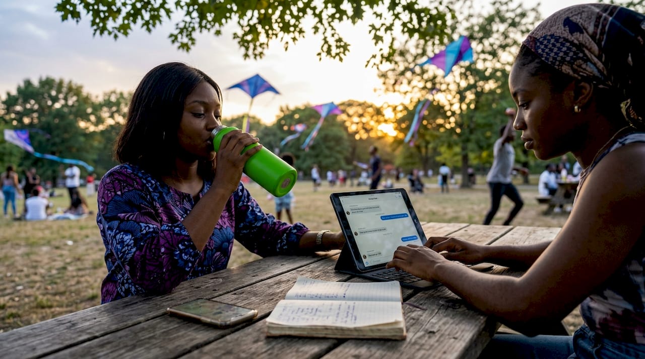 Young Nigerians discussing trends on tablet at café