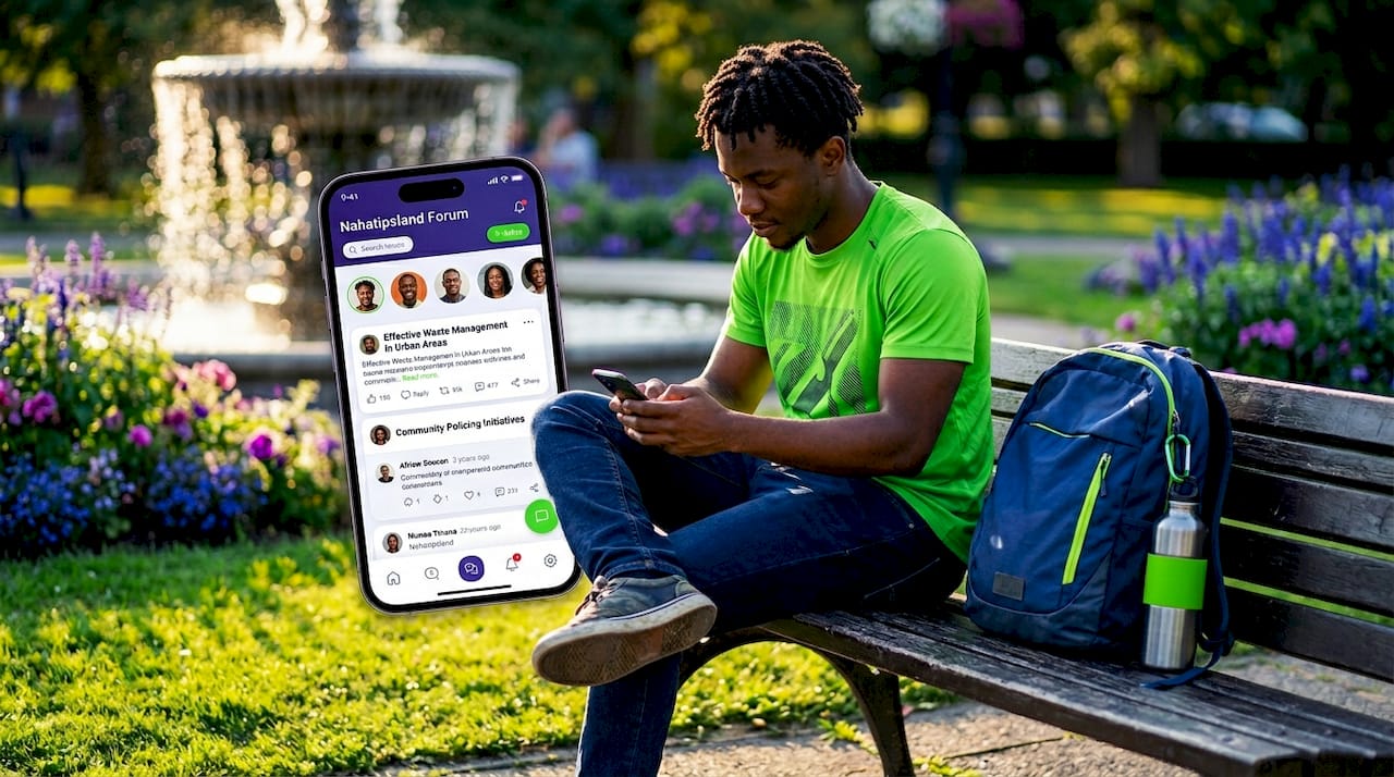 Young man follows online forum on park bench