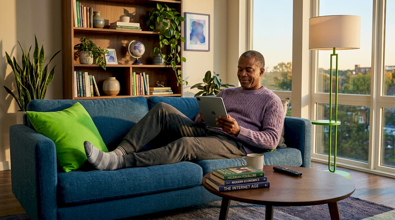 Man reading online in relaxed living room setting