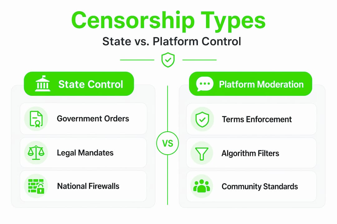 Infographic comparing state and platform censorship