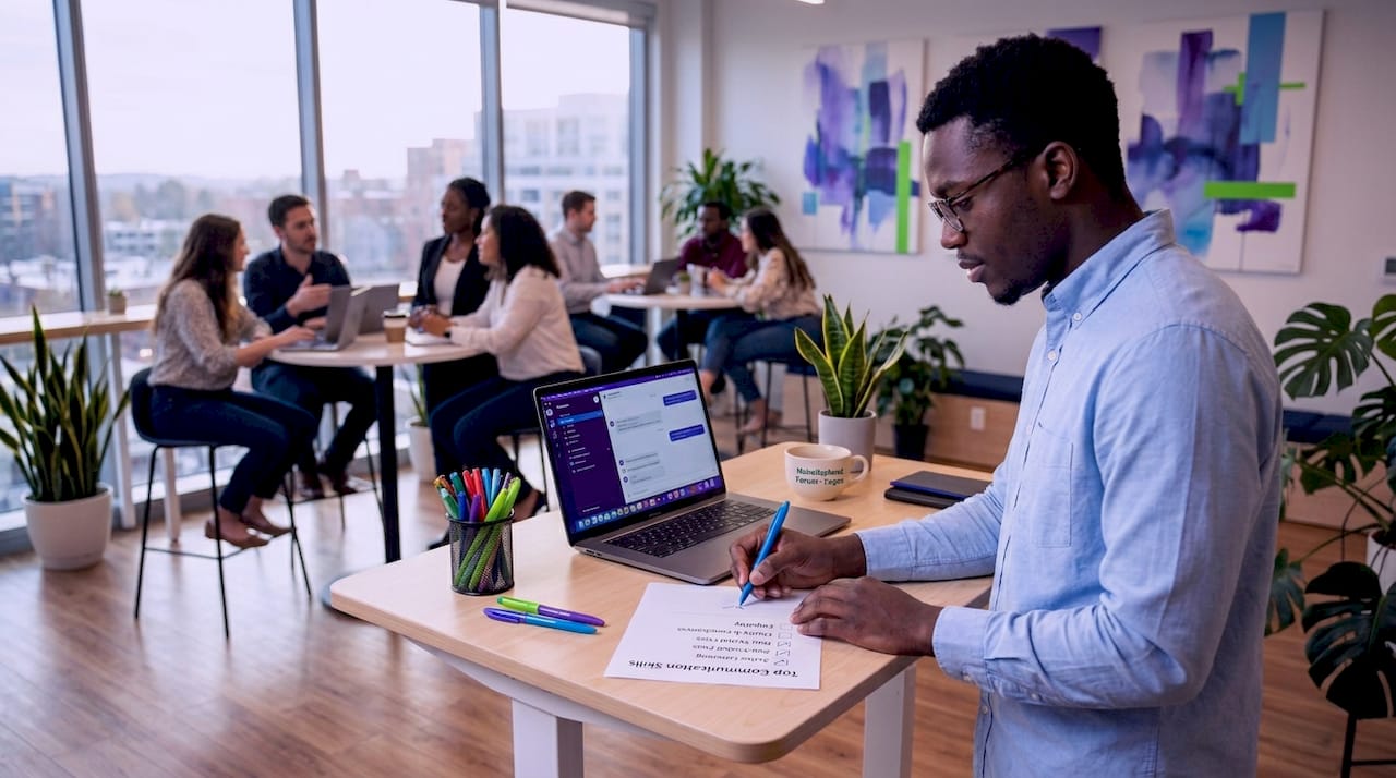 Man reviewing communication skills checklist standing desk