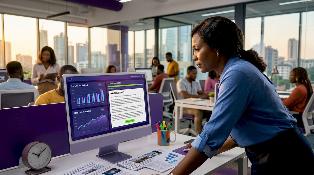 Editor reviewing AI-generated news content in newsroom