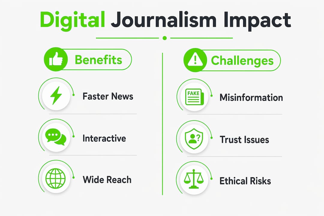 Infographic comparing benefits and challenges of digital journalism
