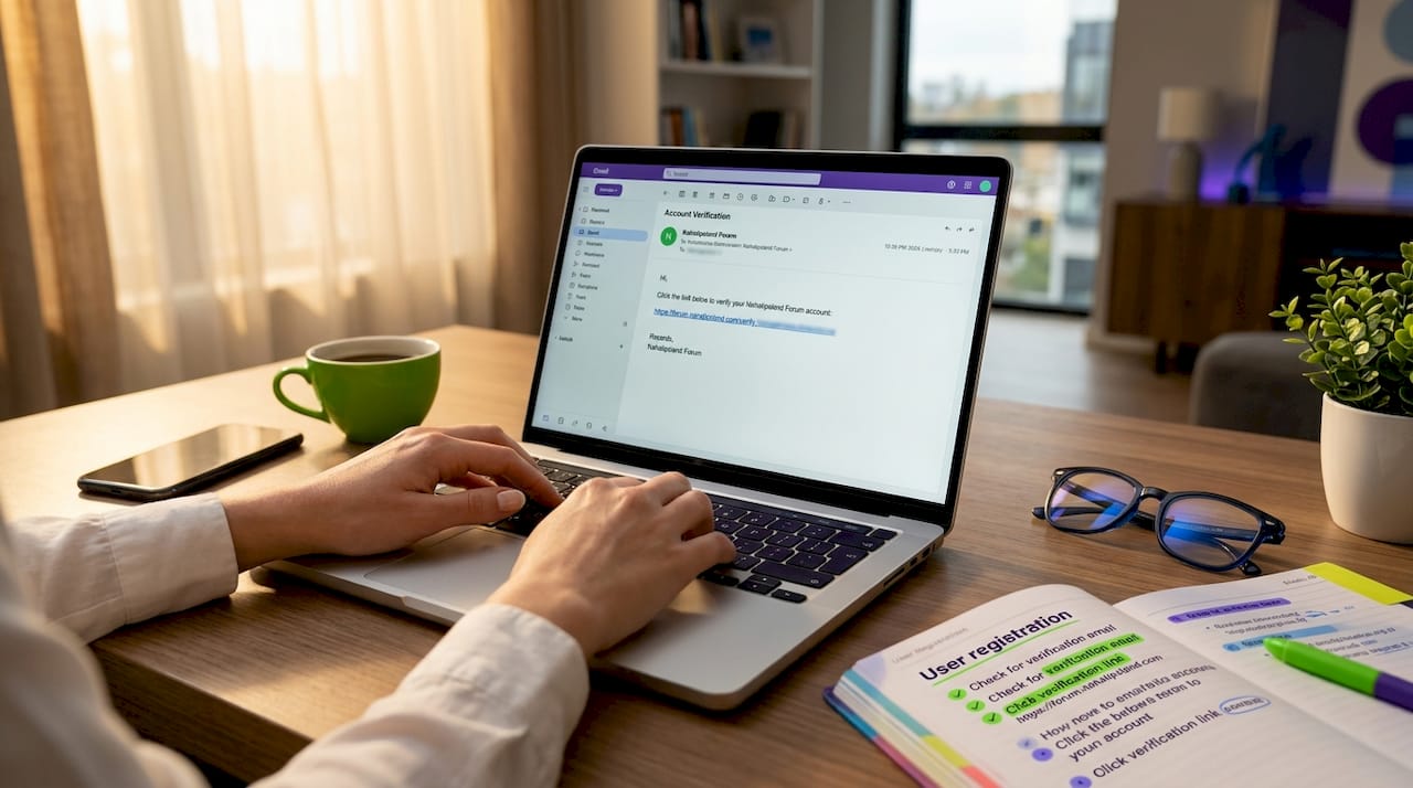 User Registration Workflow: A 2026 Developer Guide 2 Typing verification email in coffee shop