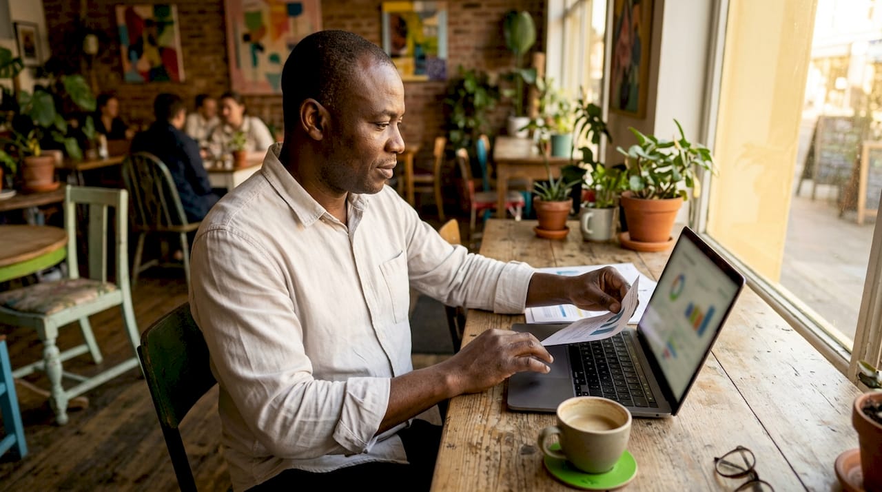 Man tracking personal finance data in home office