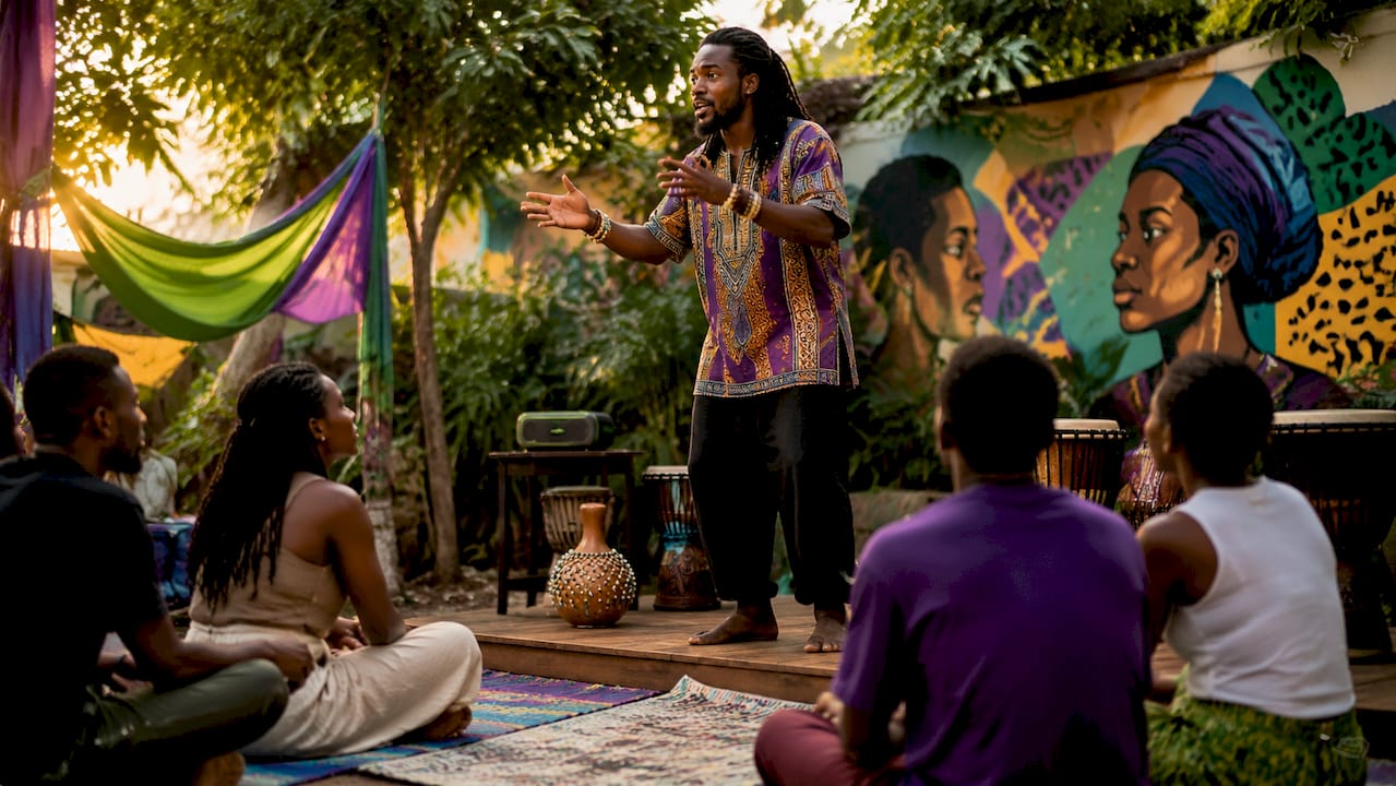 Young man storytelling with traditional instruments