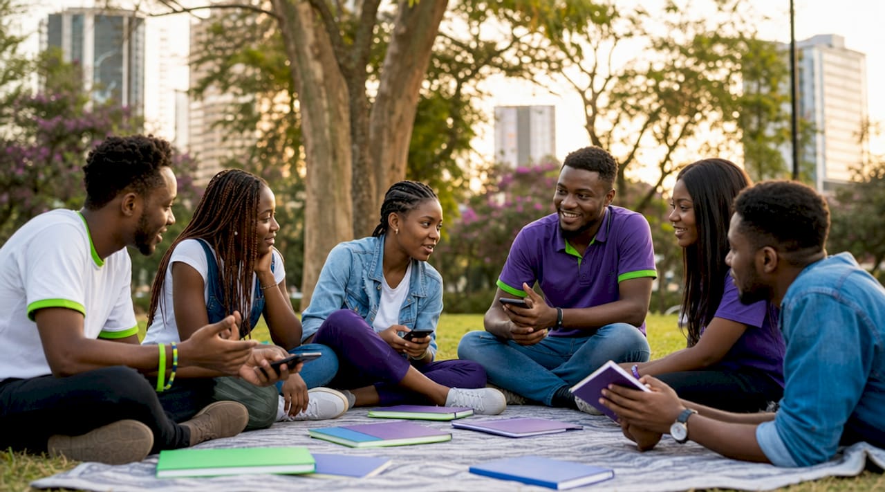 Young Nigerians discussing local news outdoors