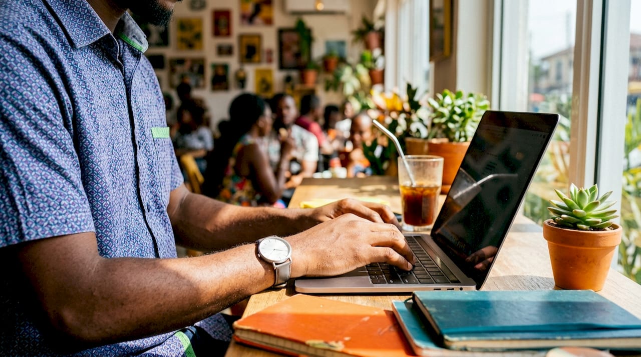 Hands typing on laptop at Nigerian startup office desk