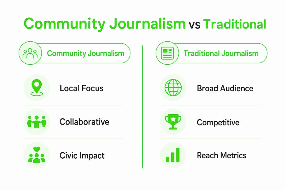 What Is Community Journalism? Principles and Impact 3 Infographic comparing community and traditional journalism