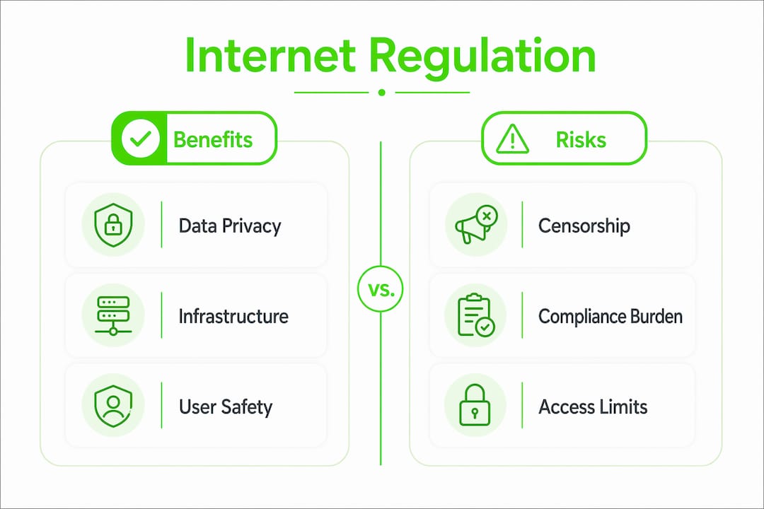 Infographic contrasting benefits and risks of internet regulation