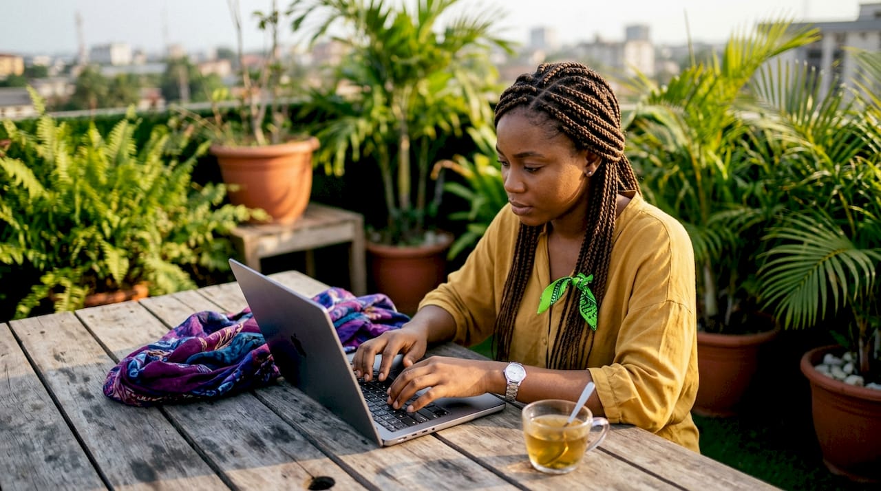 Young Nigerian woman typing on laptop at desk