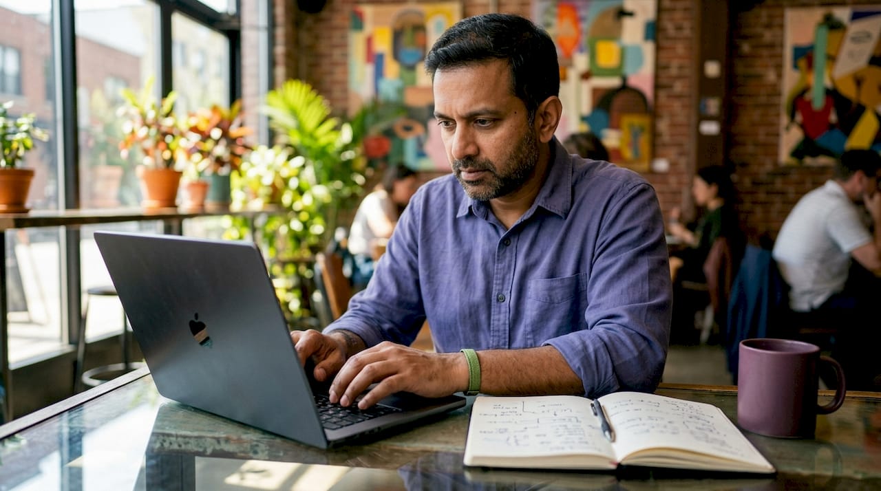 Man working on hashtag analytics at home office desk
