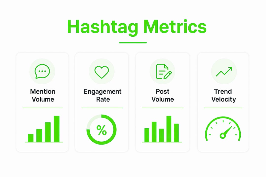 Infographic illustrating key hashtag analysis metrics