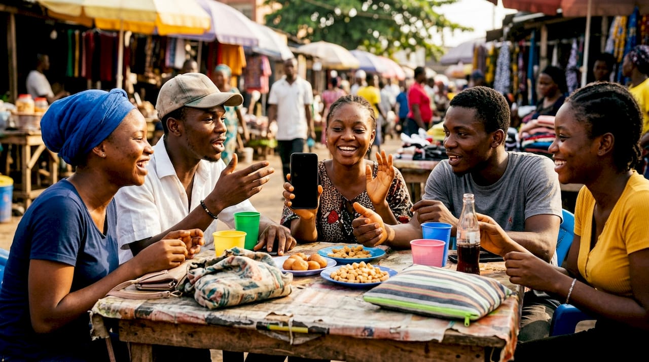 Group of Nigerian youth discussing content outdoors