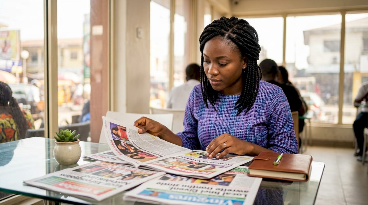 How to Access Local Entertainment Updates in Nigeria 2 Hands sorting Nigerian local entertainment newspapers