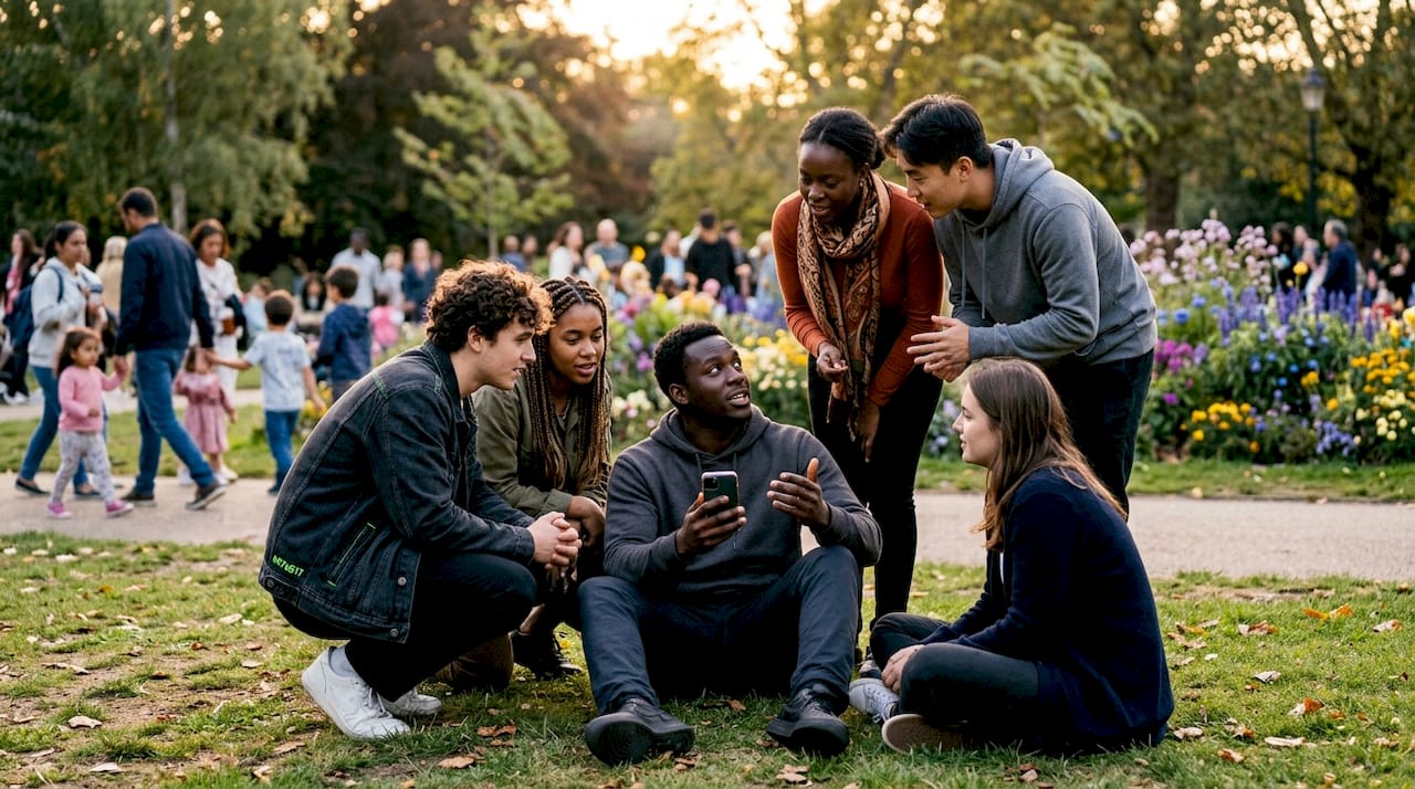 Group of Nigerian youths discussing online petition outdoors