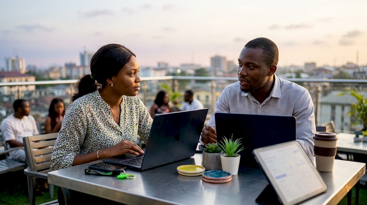 Why Social Listening Matters for Nigerian Brands 2 Two Nigerian professionals collaborate on social listening outdoors