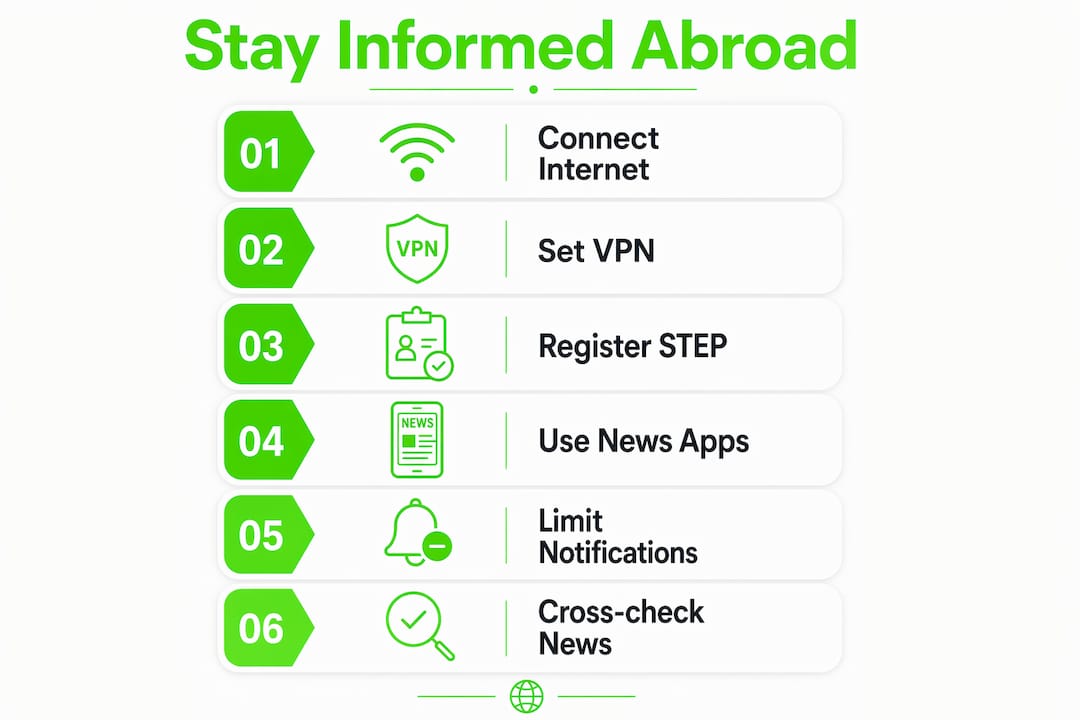 Infographic of six steps to stay informed abroad