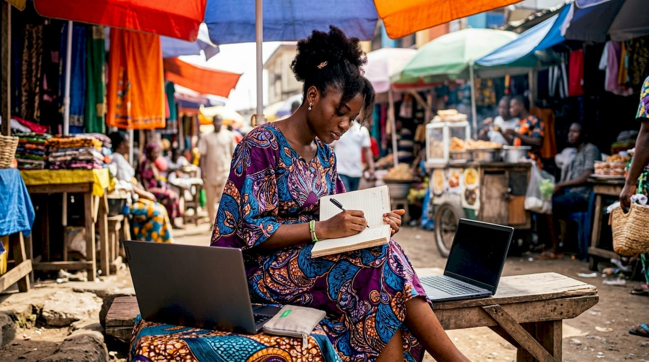 Nigerian woman taking notes researching company