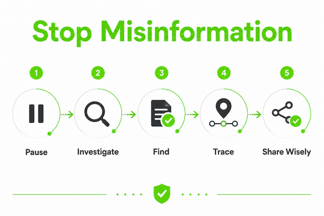 Explaining Misinformation Online: A Practical Guide 3 Infographic illustrating steps to stop misinformation online