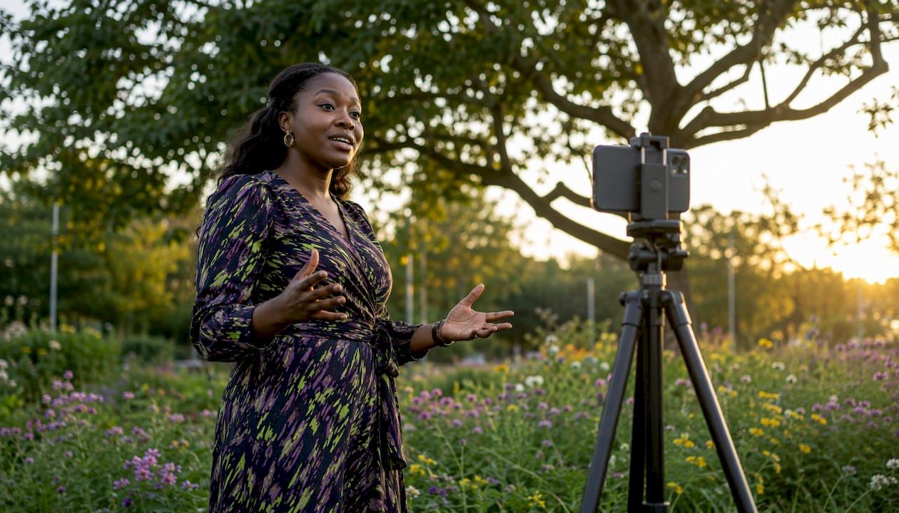 Nigerian woman recording an online micro-course indoors