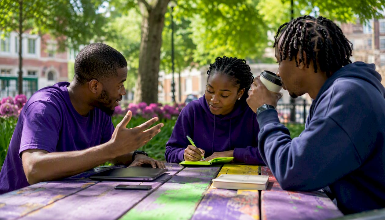 Group discussing relationship advice in cafe