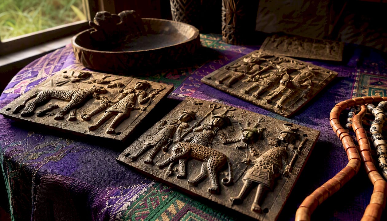 Benin Bronzes plaques showing ritual symbolism