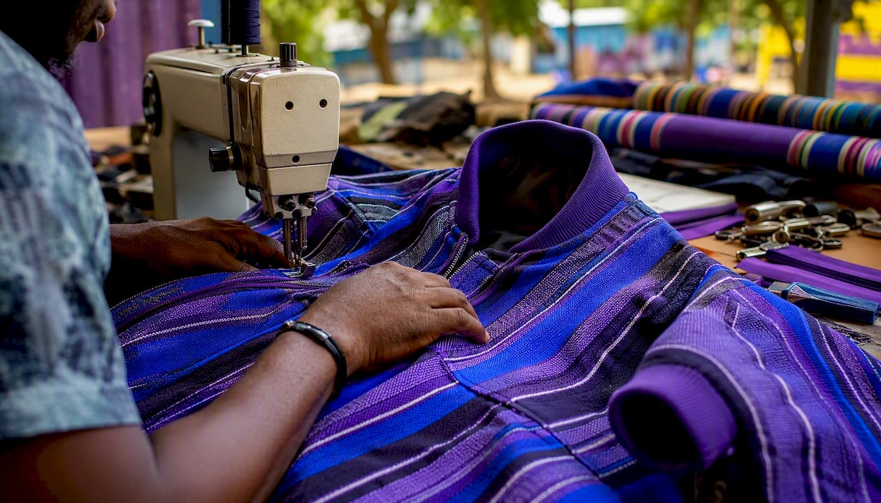 Hands sewing Aso-Oke fabric jacket
