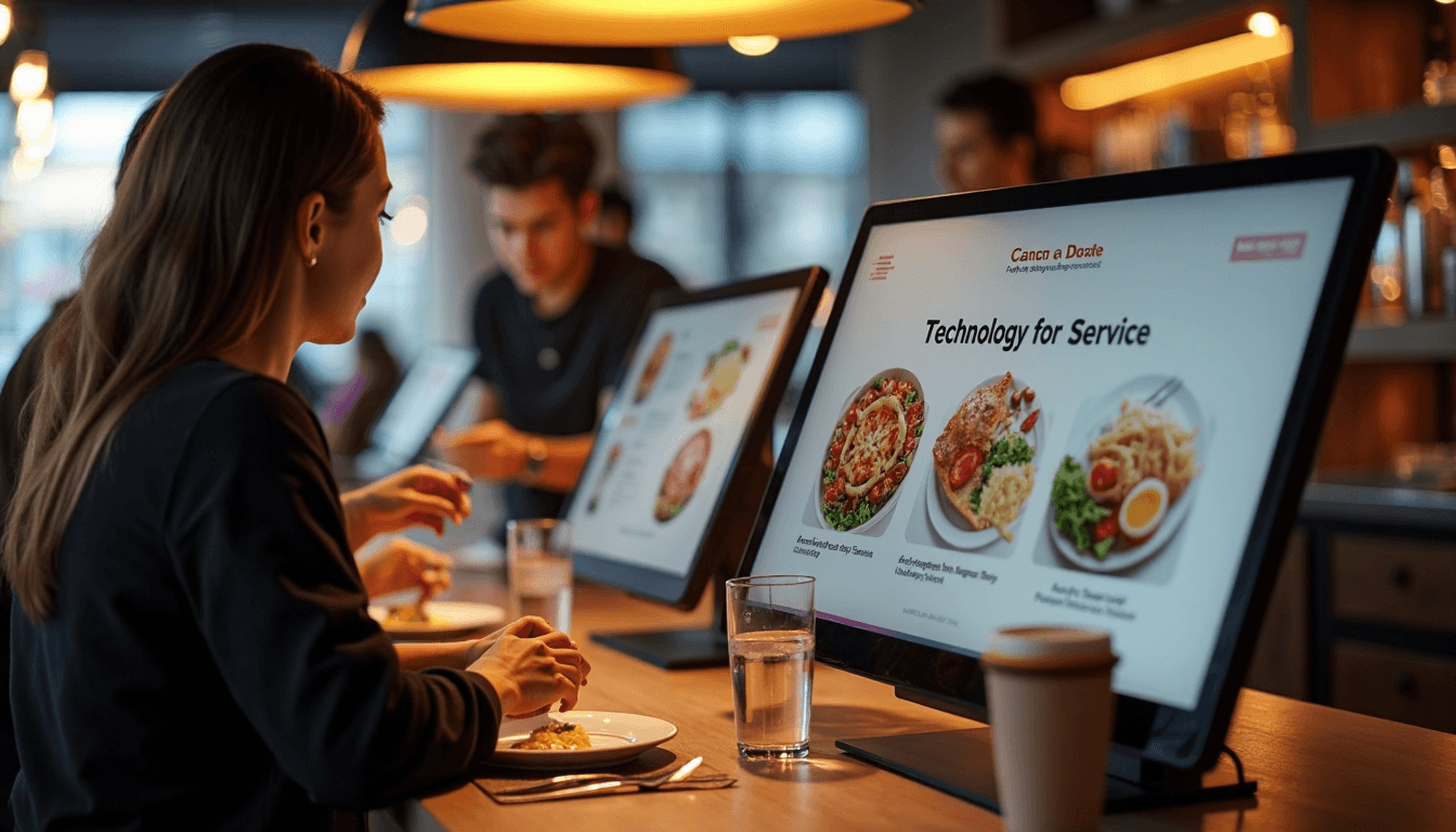 Customers use touch kiosks with staff in modern restaurant