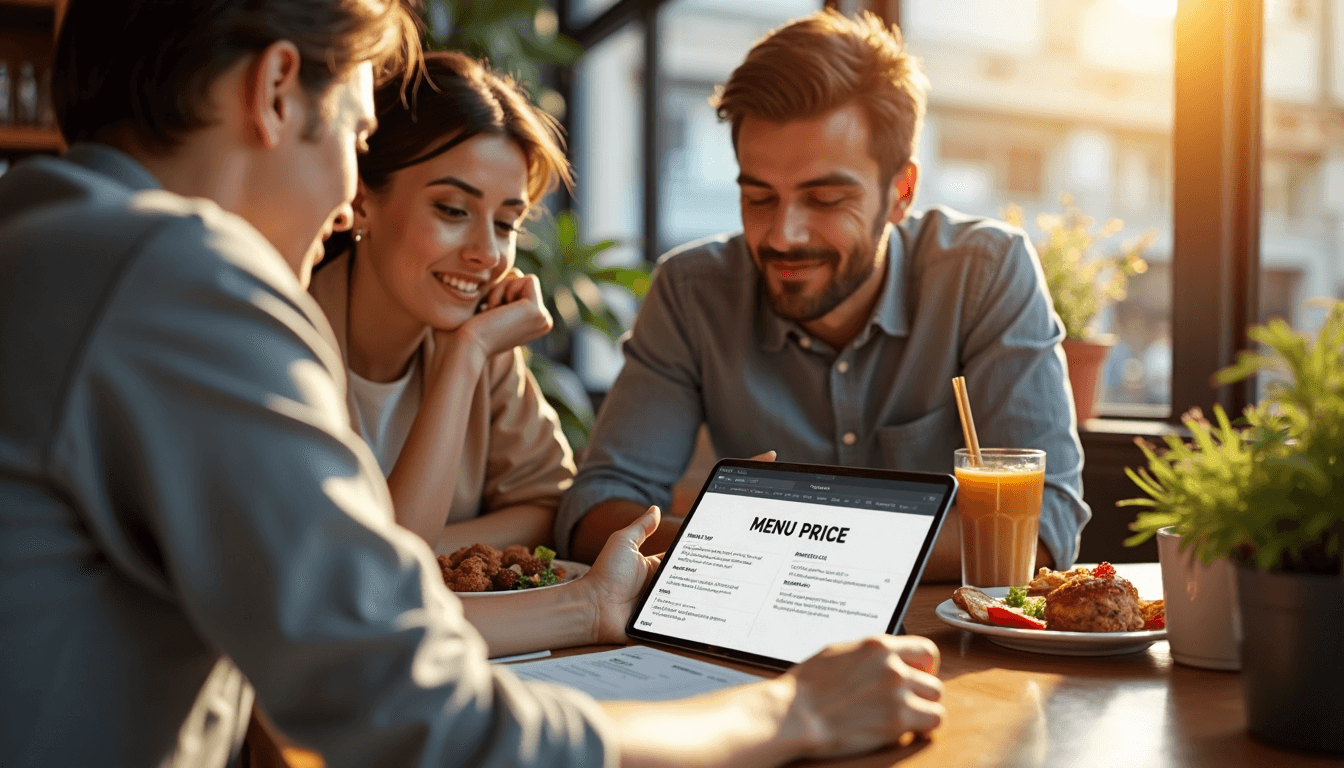 Invitados y camarero revisando el menú de la cafetería con una tablet
