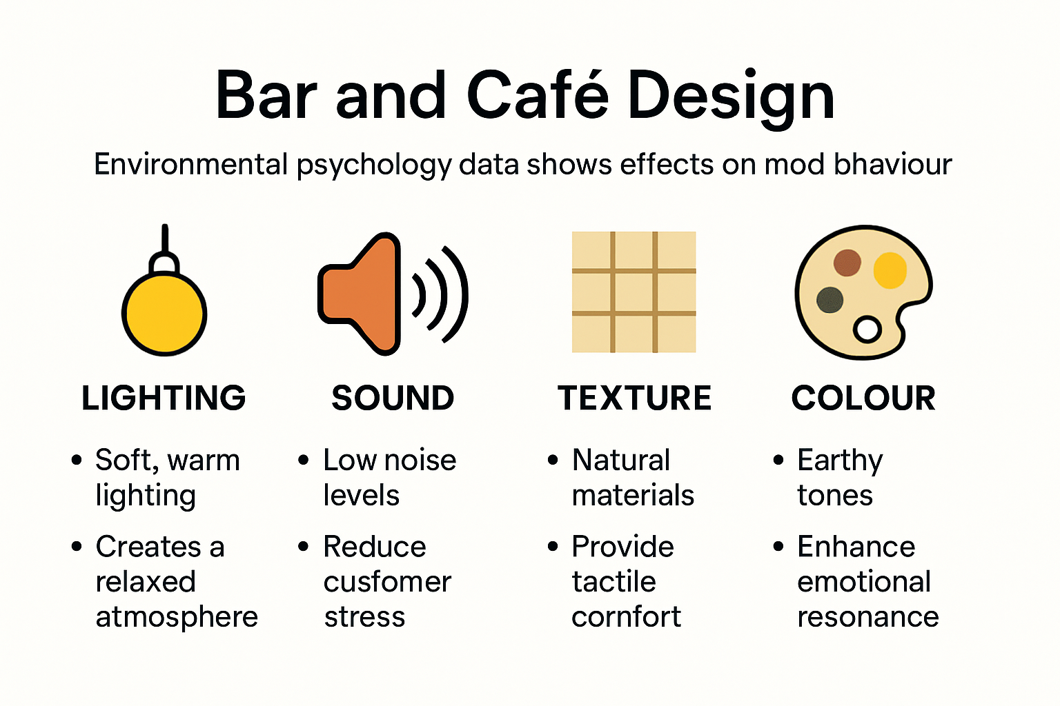 Infographic showing sensory factors in cafe design and their effects on mood