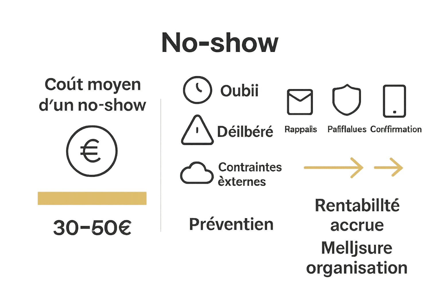 Infographic with no-show costs, types, and prevention tools in restaurants