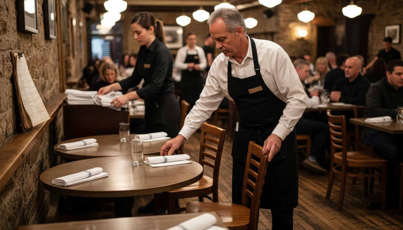 Staff arranging tables for group seating