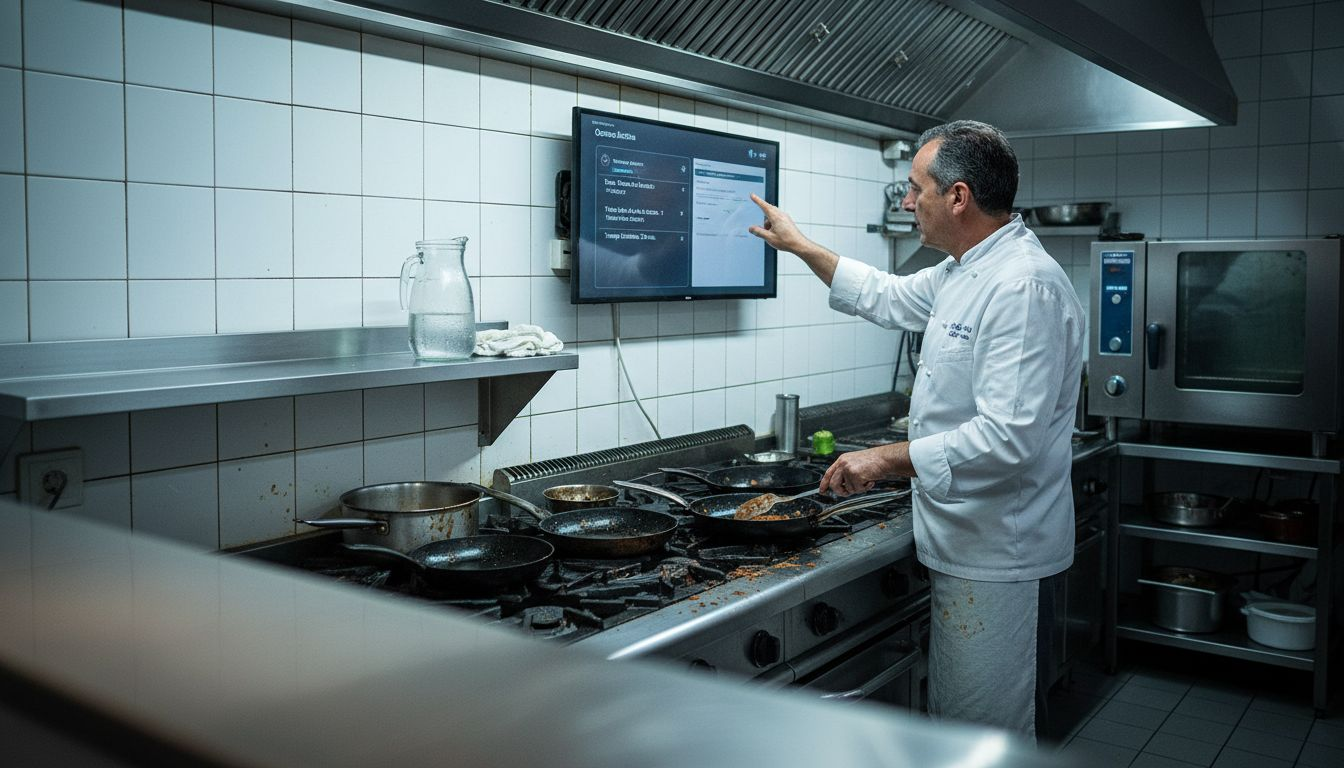Chef revisando información en una pantalla digital mientras trabaja en la cocina