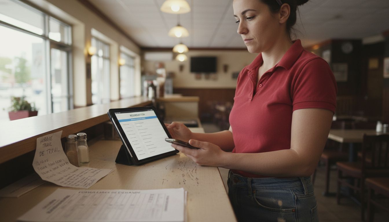 Serveuse vérifiant les formulaires de réservation des clients