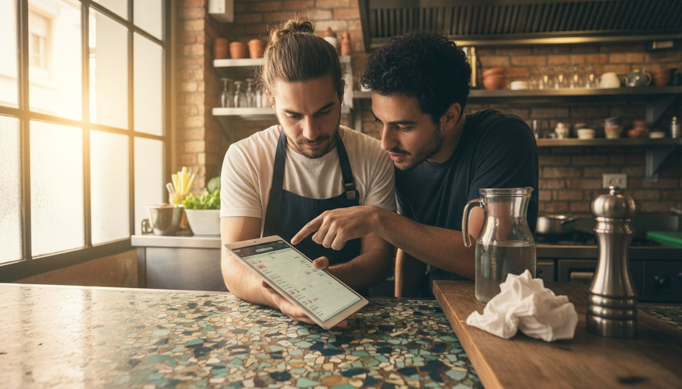 Los camareros revisan las reservas digitales mientras están en la cocina.