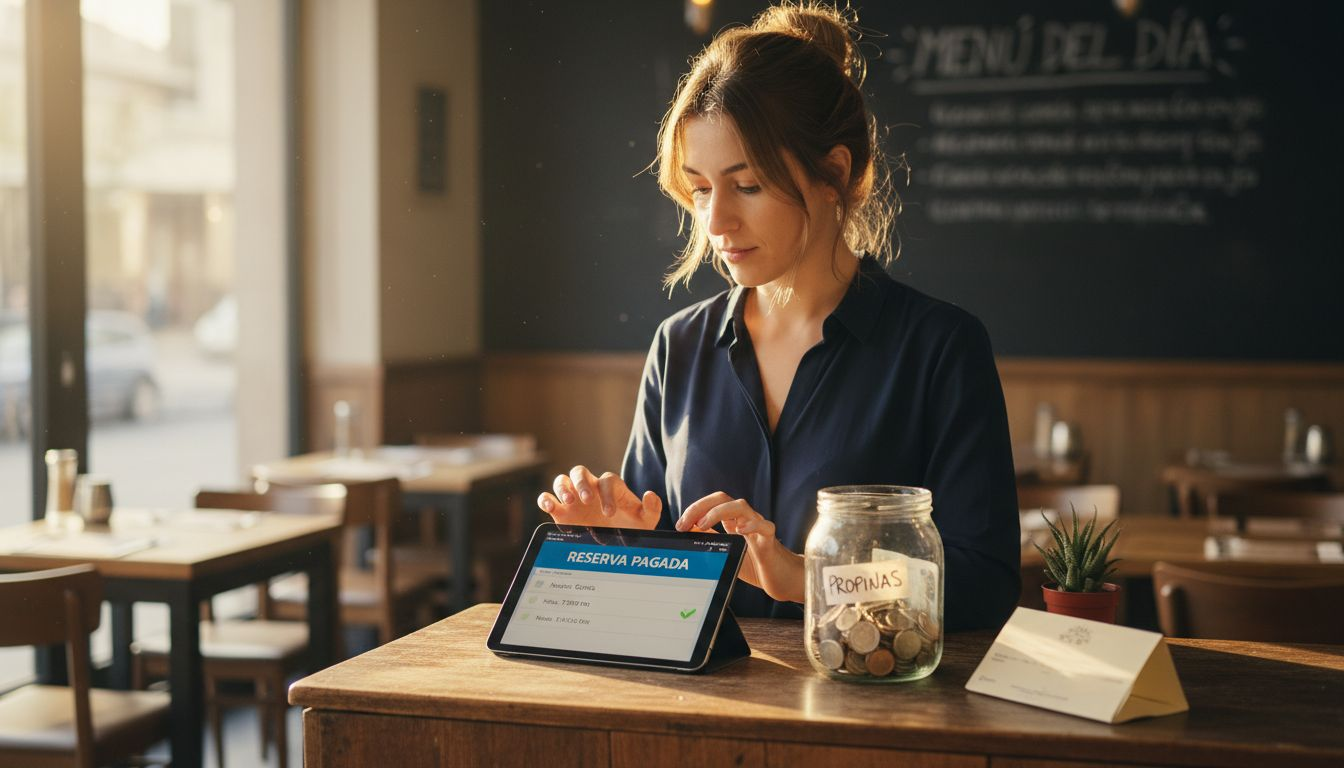 Recepcionista del restaurante verificando una reserva ya pagada