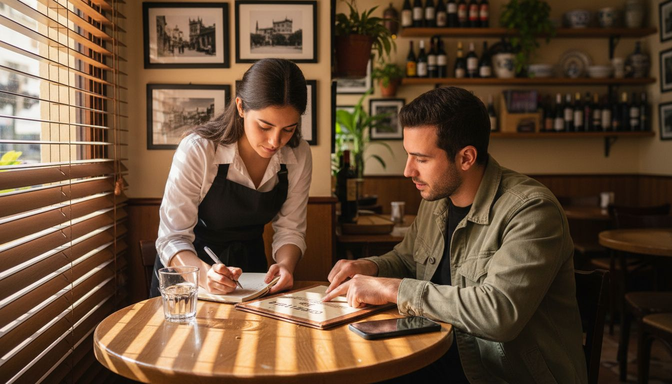 Una camarera apunta el pedido de un cliente en un restaurante acogedor.