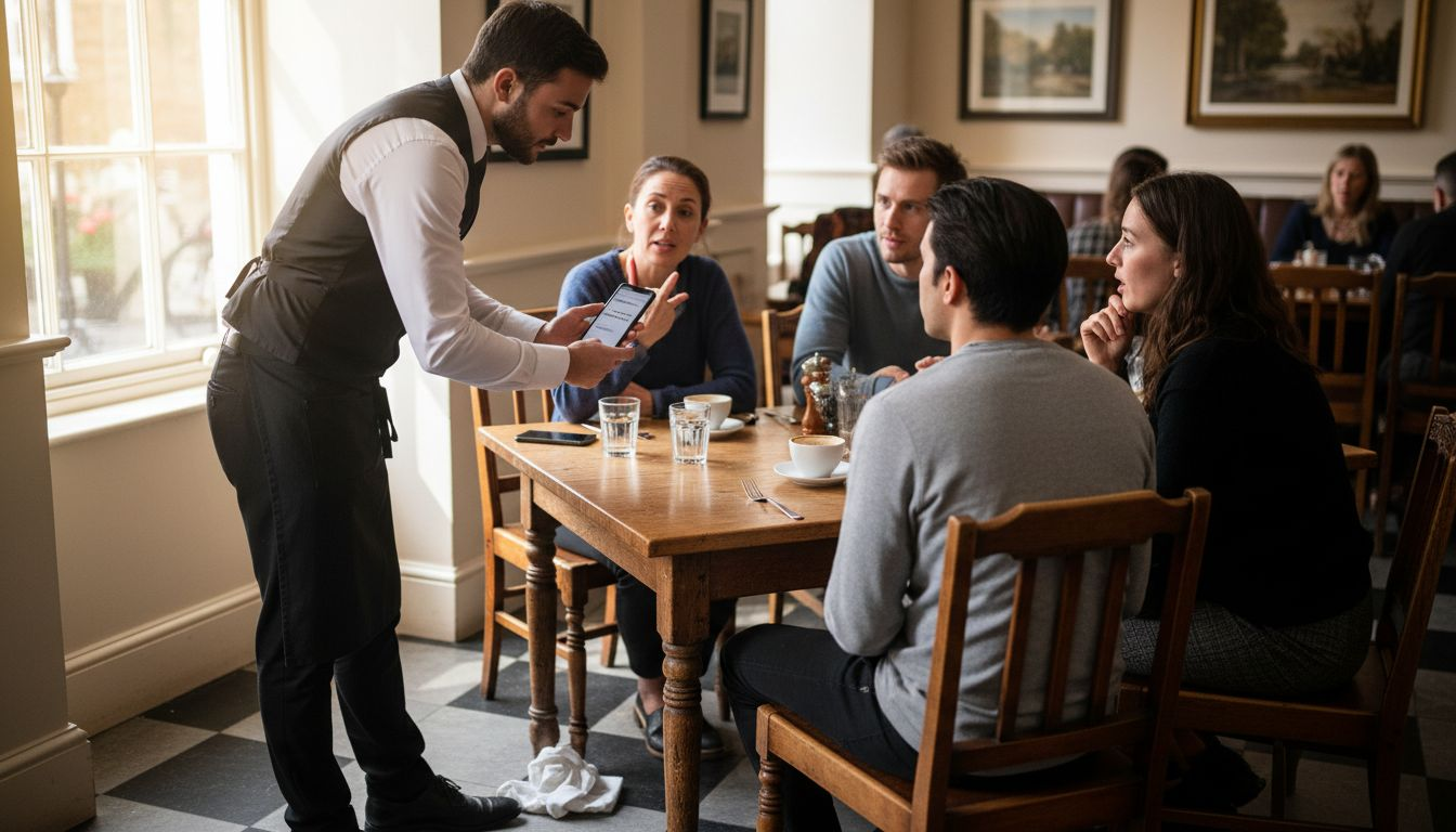 Waiter speaking with diverse restaurant diners