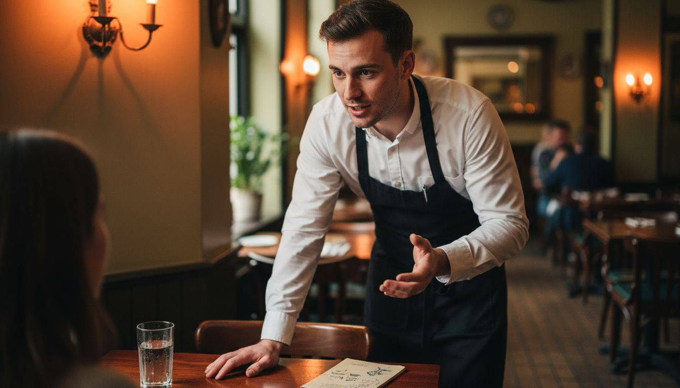 Server confirming guest allergy details at table
