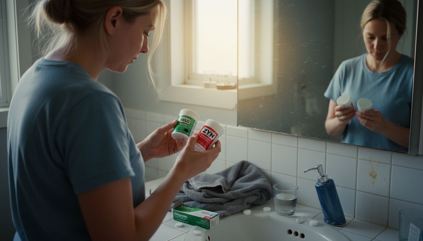Woman comparing different nicotine pouch options