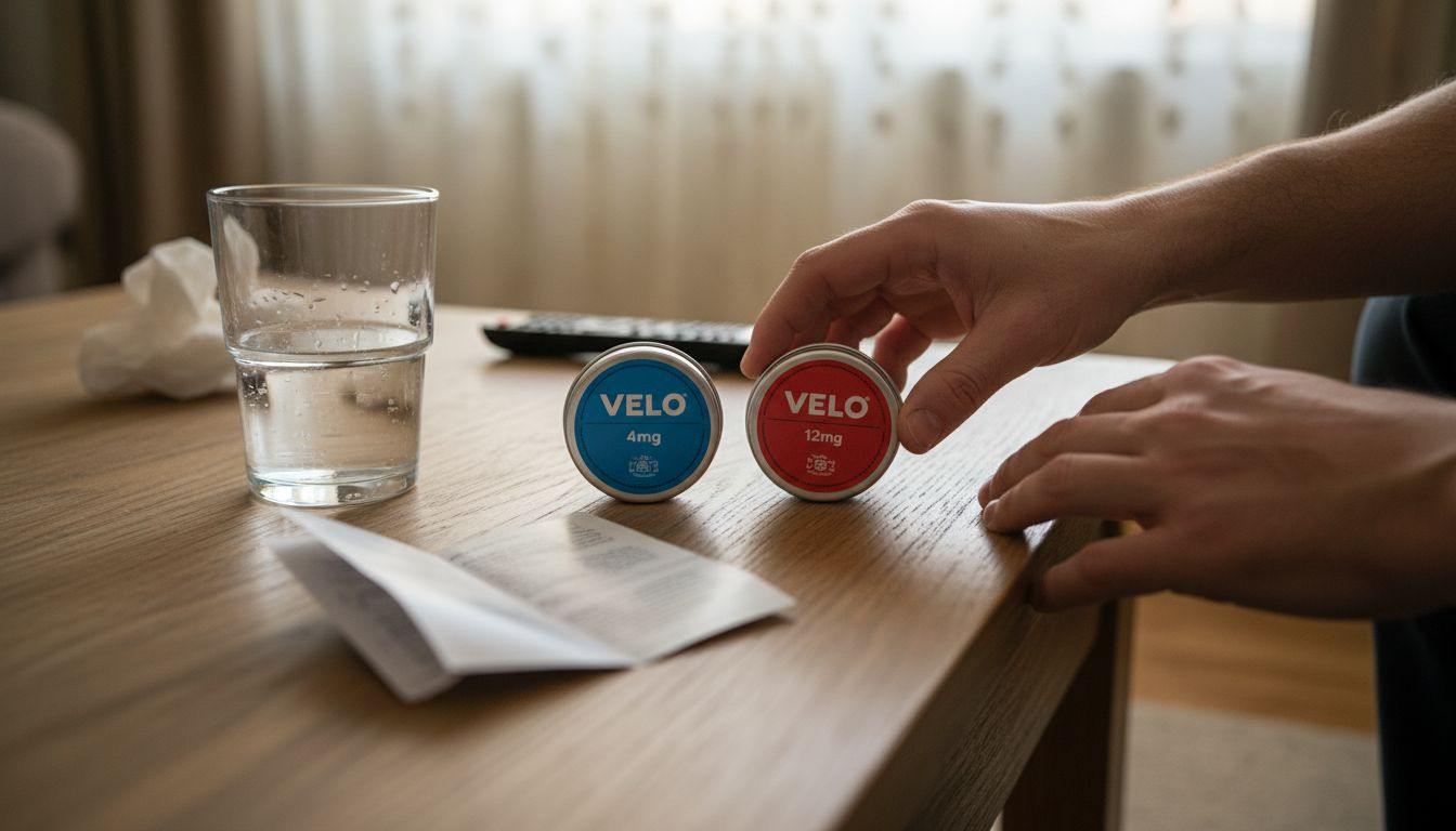 Hands reaching for lower strength nicotine pouch tin