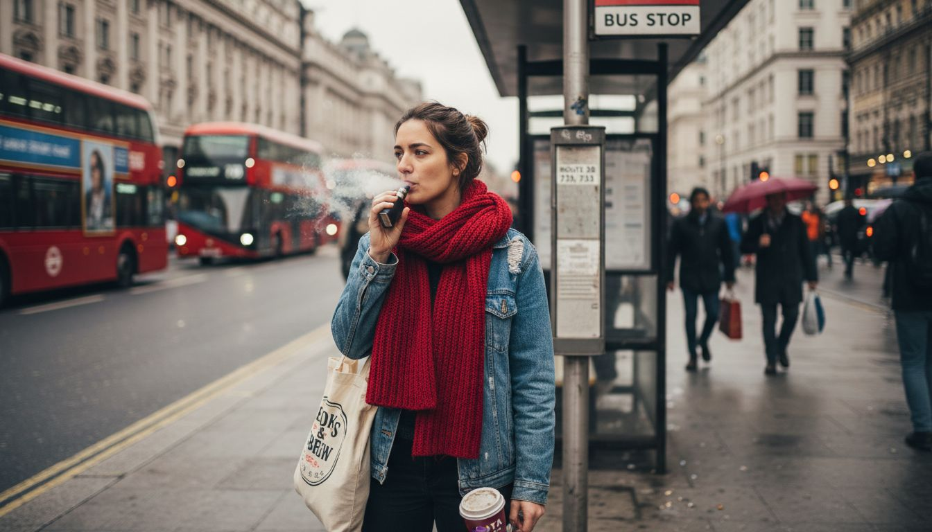 Woman using vaping device at bus stop