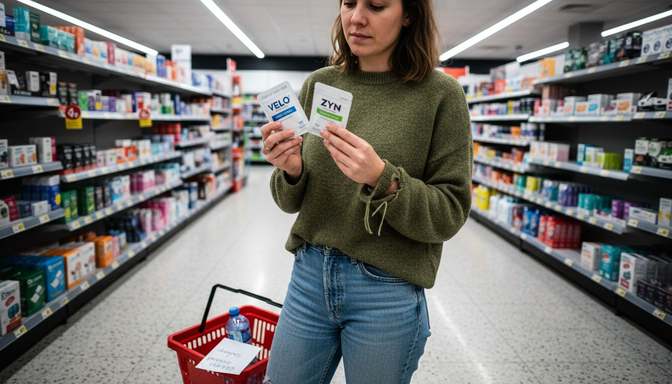 Woman choosing nicotine pouch packet in shop