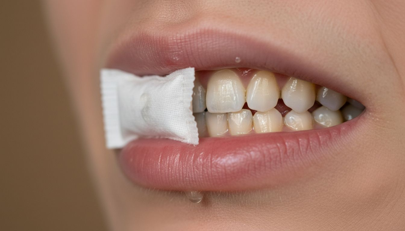 Nicotine pouch in realistic mouth cross-section